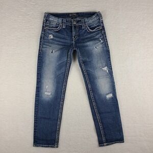 Silver Jeans Womens 27x25 Blue Aiko Mid‎ Straight Distress Medium Wash Denim *